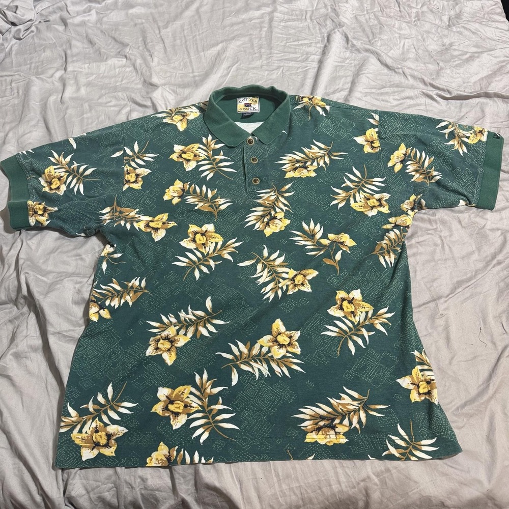 Cutter & Buck Polo Shirt Mens XL Green Floral Hawaiian Tropical Golf Cotton